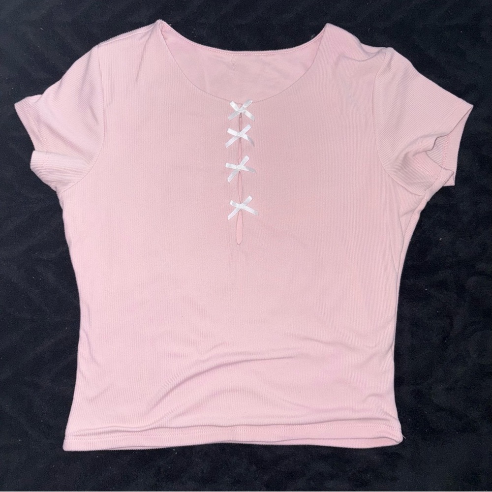 Pink Short Sleeve Top with Bow Accents